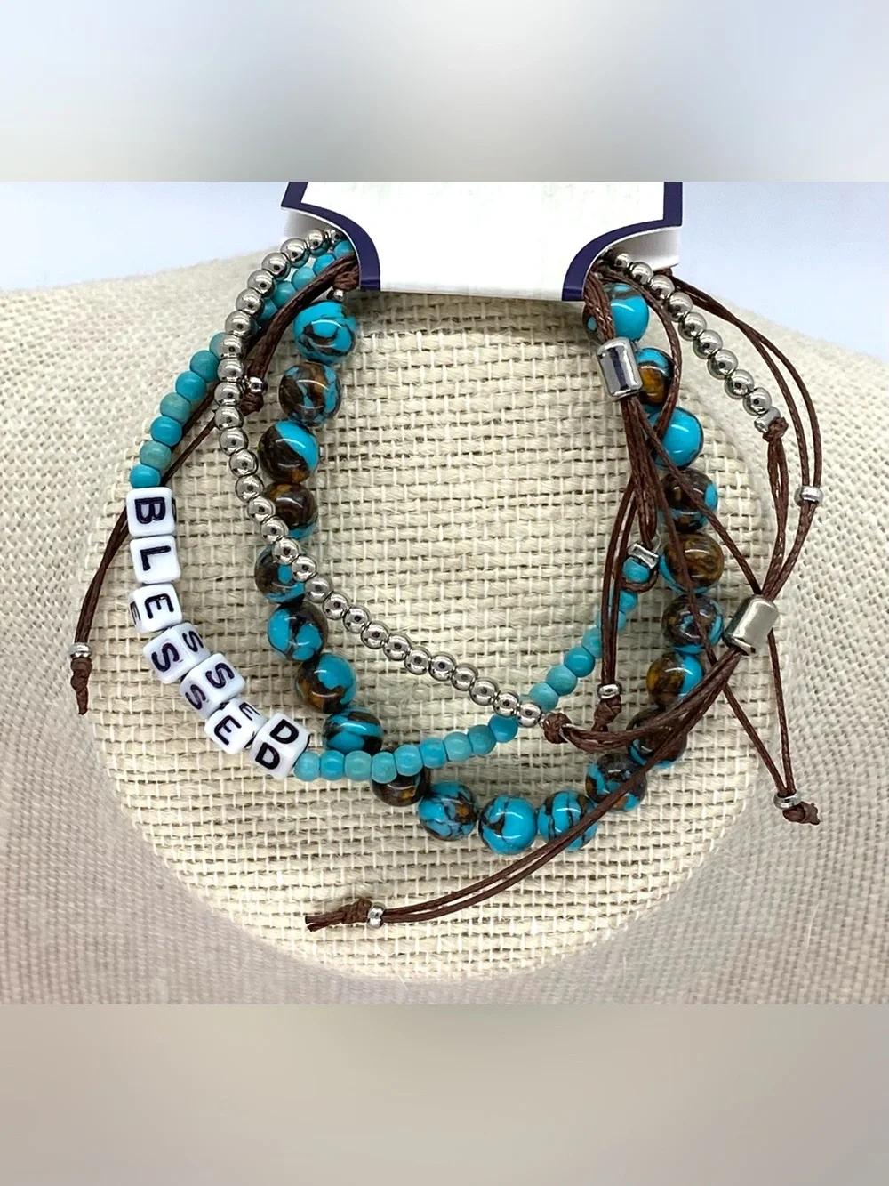 Hello Happy Turquoise Blue Brown Beaded Bracelet Boho Fall Festival Southwestern